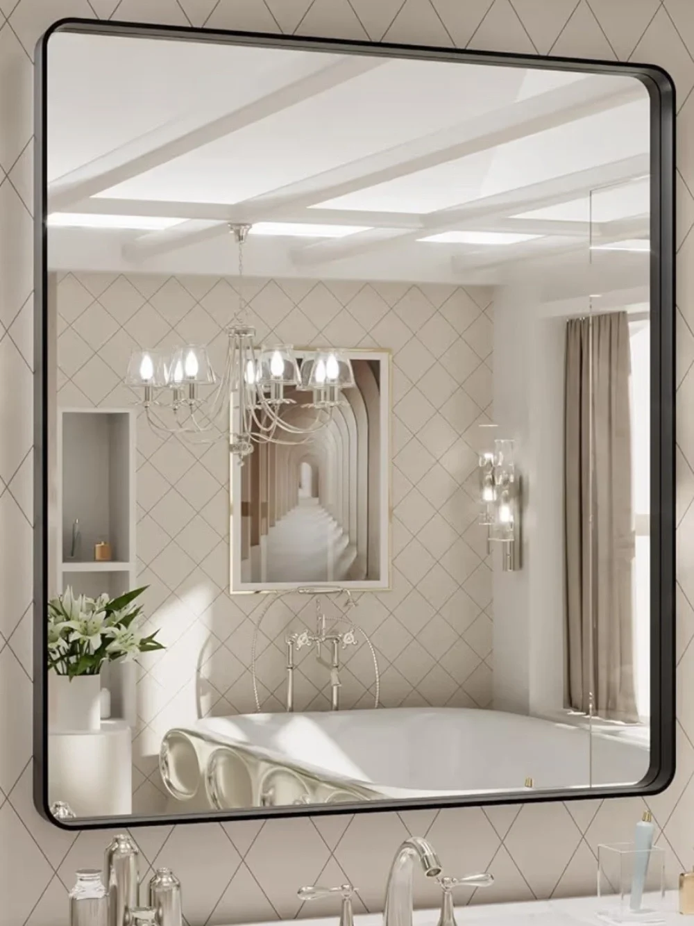 Black Rounded Rectangle Bathroom Mirror - Wall-Mounted